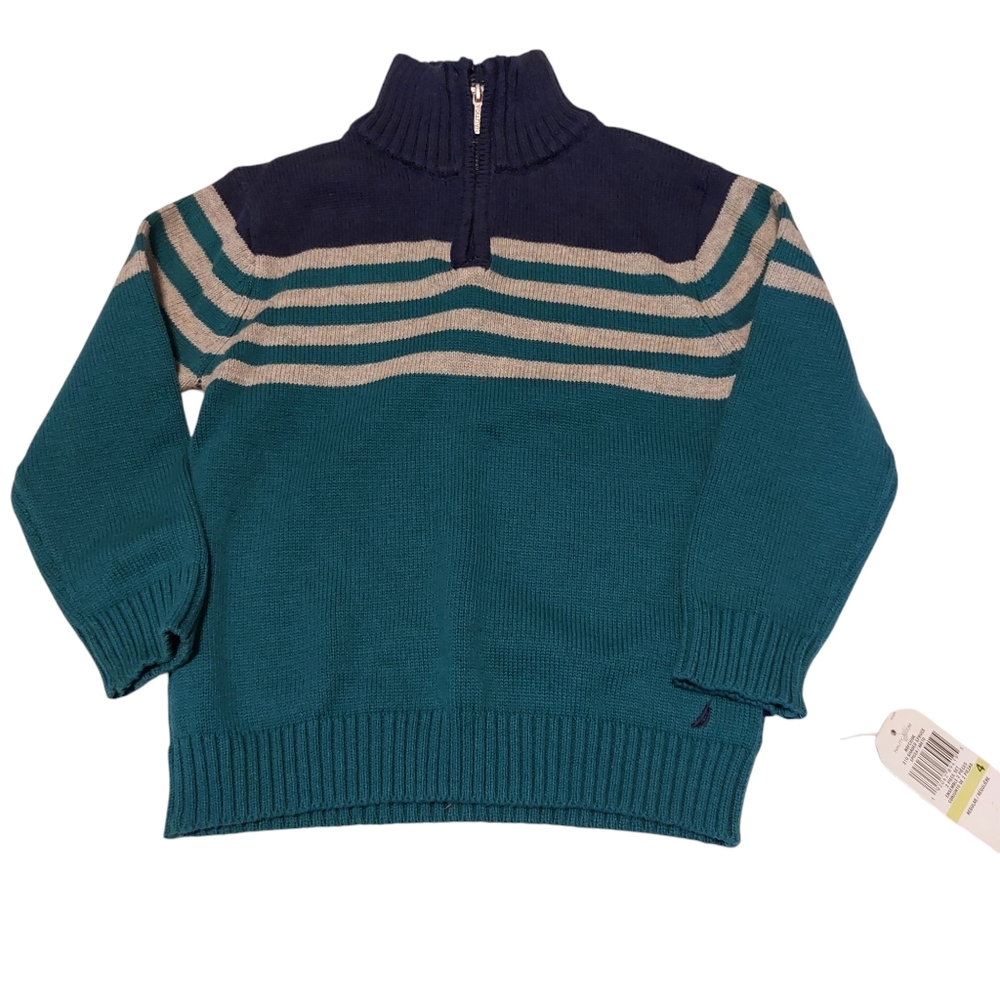 Nautica Half Zippered Pullover Cotton Sweater NEW Boys 4 Striped Gray Blue Green
